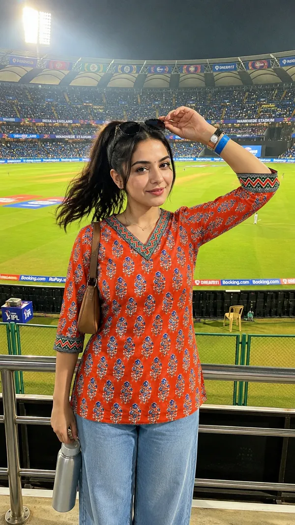 Orange_Cotton_V_Neck_Floral_Block_Print_Short_Kurti_For_Women