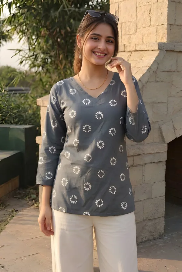 Grey_Cotton_Floral_Print_V_Neck_Top_For_Women