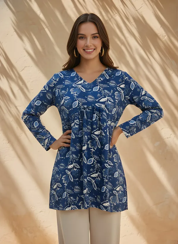 Blue_Cotton_Floral_Print_A_Line_Tunic_Top_For_Women