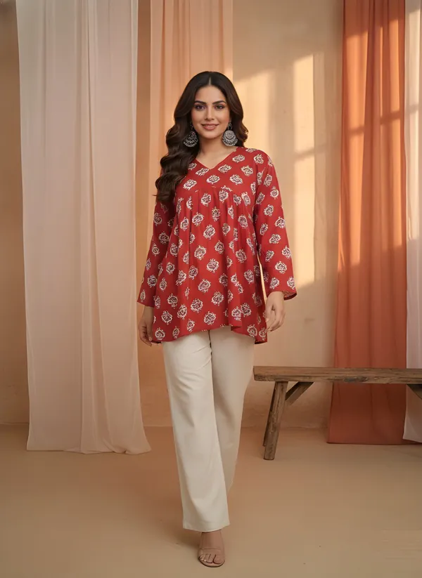 Red_Cotton_Flared_Floral_Print_Kurta_For_Women