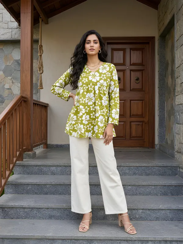 Green_Cotton_A_Line_Floral_Print_Tunic_Top_For_Women