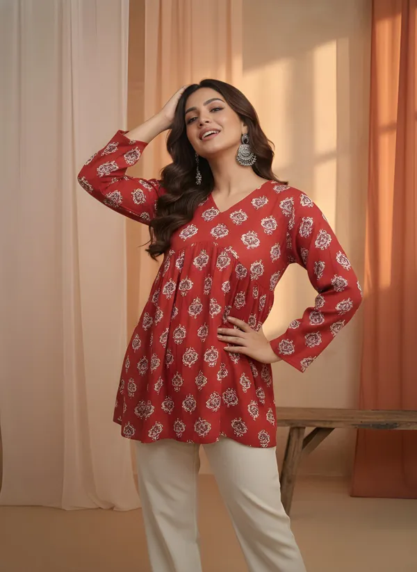 Red_Cotton_Flared_Floral_Print_Kurta_For_Women