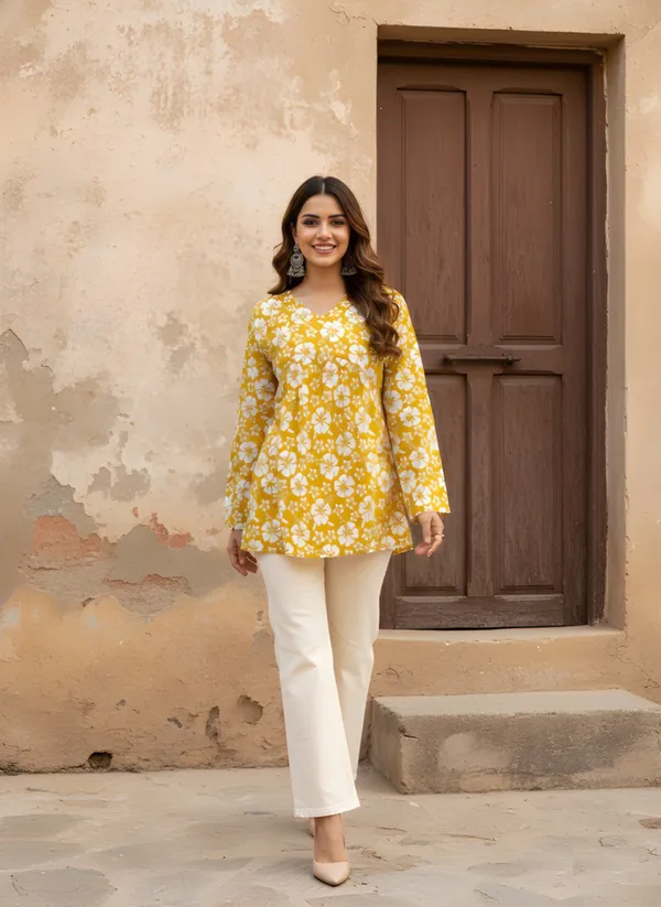 Yellow_Cotton_Floral_Print_Relaxed_Fit_Tunic_For_Women