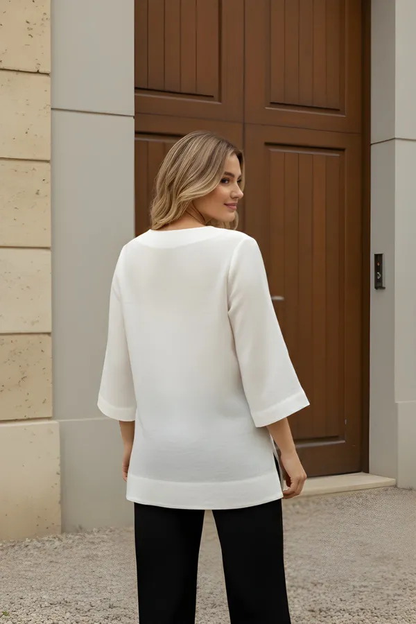 White_Cotton_Notch_Neck_Three_Quarter_Sleeve_Tunic_Top_For_Women