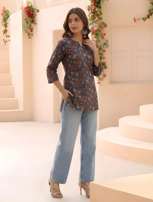 Grey_Cotton_Three_Quarter_Sleeve_Floral_Print_Tunic_For_Women