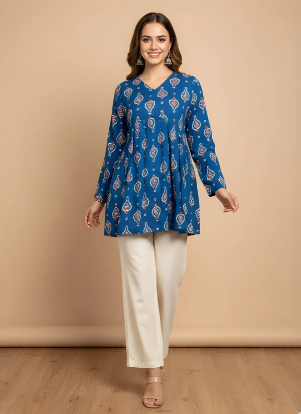 Blue_Cotton_Flared_Paisley_Block_Print_Tunic_Top_For_Women