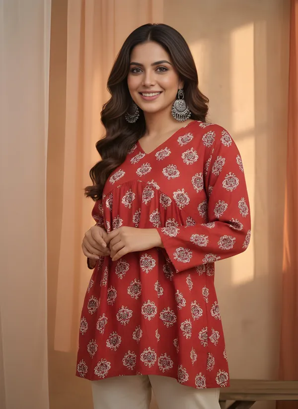 Red_Cotton_Flared_Floral_Print_Kurta_For_Women