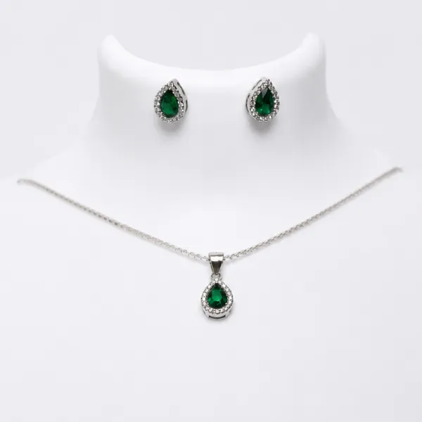 925_Sterling_Silver_Green_Stone_Pendant_&_Earrings_Set_For_Women
