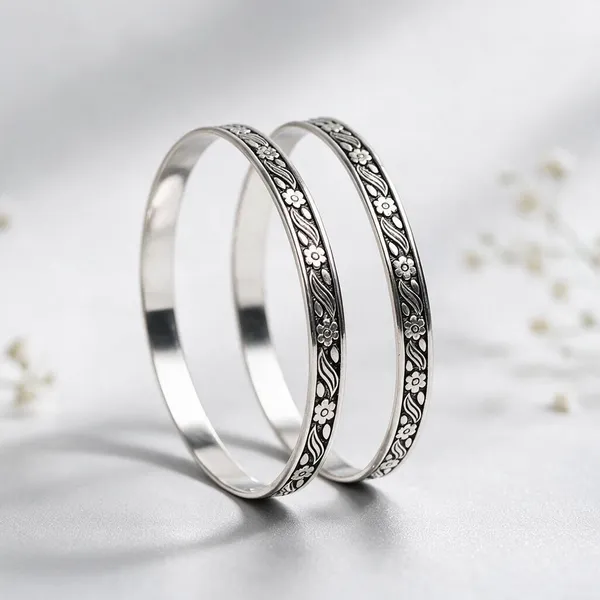 925_Sterling_Silver_Oxidized_Floral_Engraved_Bangle_Set_For_Women