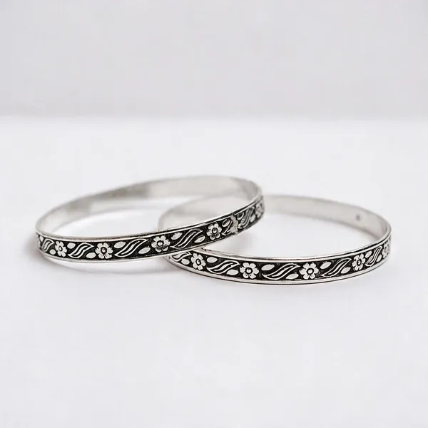 925_Sterling_Silver_Oxidized_Floral_Engraved_Bangle_Set_For_Women