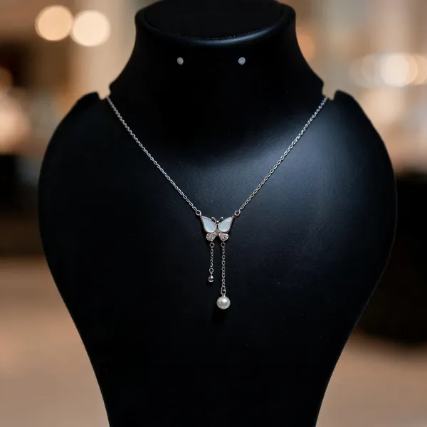 925_Sterling_Silver_Butterfly_Pearl_Drop_Pendant_With_Chain_For_Women
