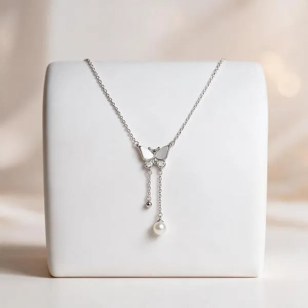 925_Sterling_Silver_Butterfly_Pearl_Drop_Pendant_With_Chain_For_Women