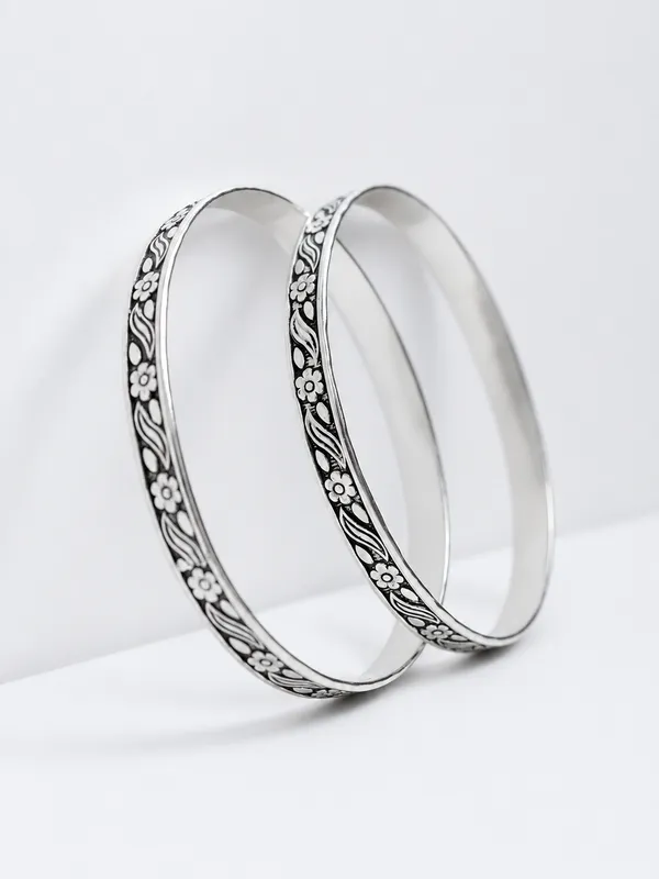 925_Sterling_Silver_Oxidized_Floral_Engraved_Bangle_Set_For_Women