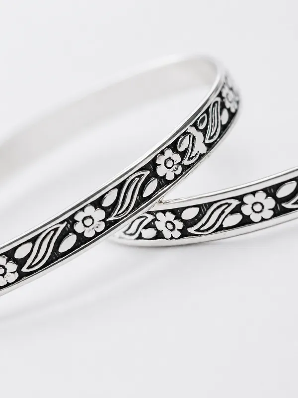 925_Sterling_Silver_Oxidized_Floral_Engraved_Bangle_Set_For_Women