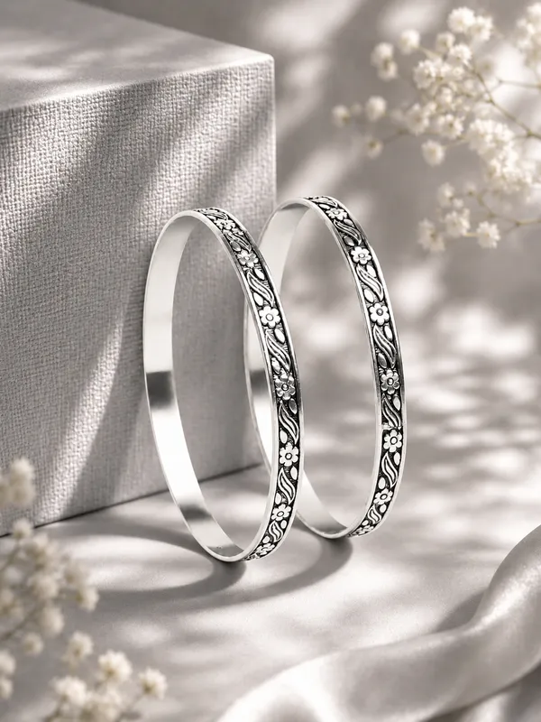 925_Sterling_Silver_Oxidized_Floral_Engraved_Bangle_Set_For_Women