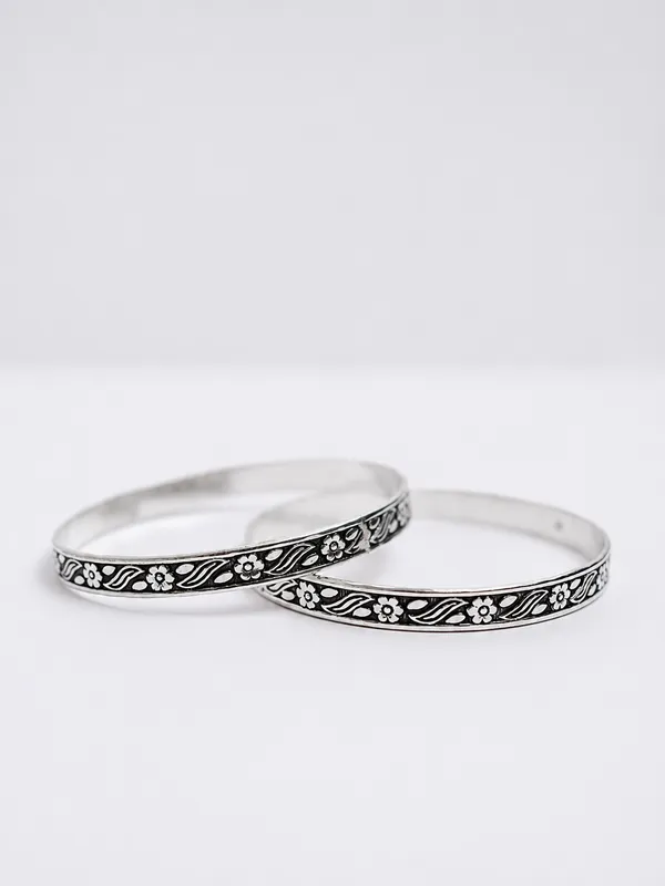 925_Sterling_Silver_Oxidized_Floral_Engraved_Bangle_Set_For_Women