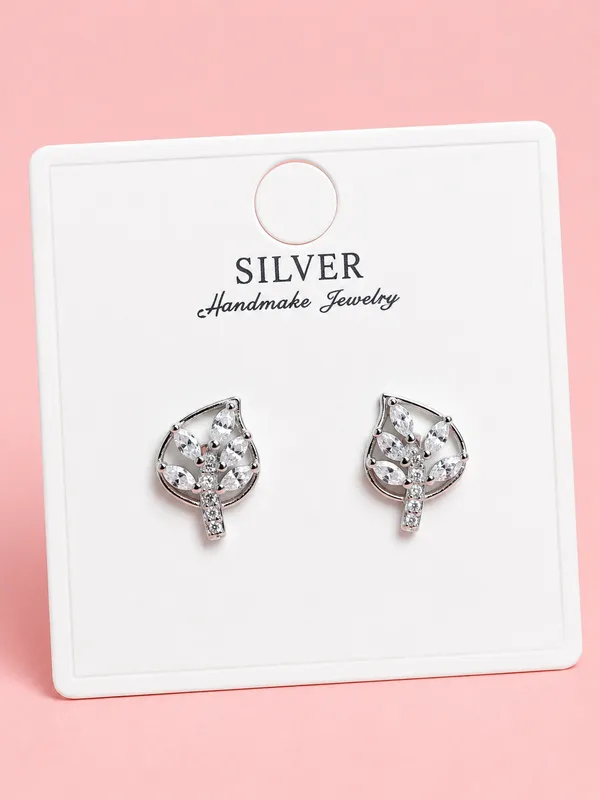925_Sterling_Silver_Leaf_Sparkle_Stud_Earrings_For_Women