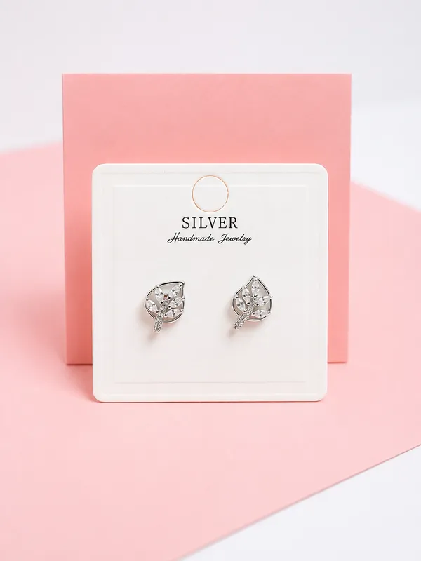925_Sterling_Silver_Leaf_Sparkle_Stud_Earrings_For_Women
