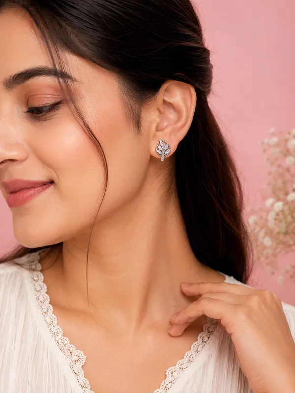 925_Sterling_Silver_Leaf_Sparkle_Stud_Earrings_For_Women