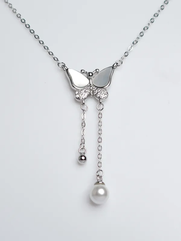 925_Sterling_Silver_Butterfly_Pearl_Drop_Pendant_With_Chain_For_Women
