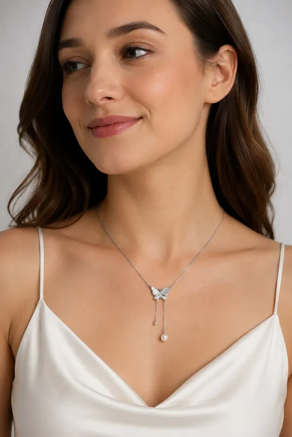 925_Sterling_Silver_Butterfly_Pearl_Drop_Pendant_With_Chain_For_Women