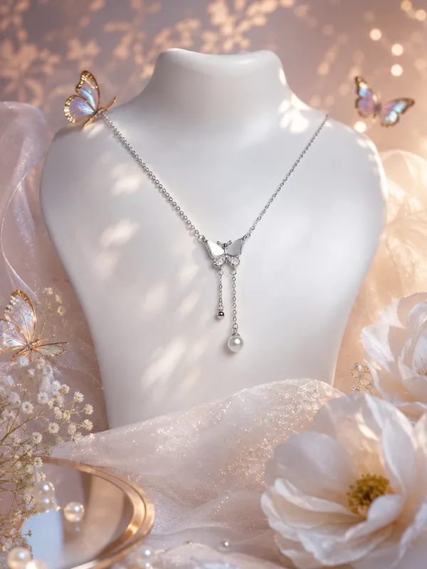 925_Sterling_Silver_Butterfly_Pearl_Drop_Pendant_With_Chain_For_Women