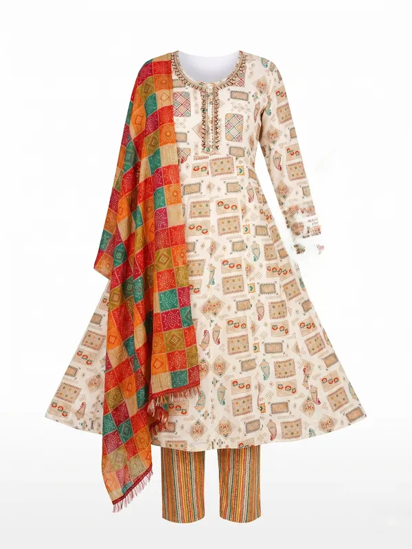 Cream_Cotton_Jaipuri_Print_Anarkali_Kurta_Set_With_Dupatta_For_Women