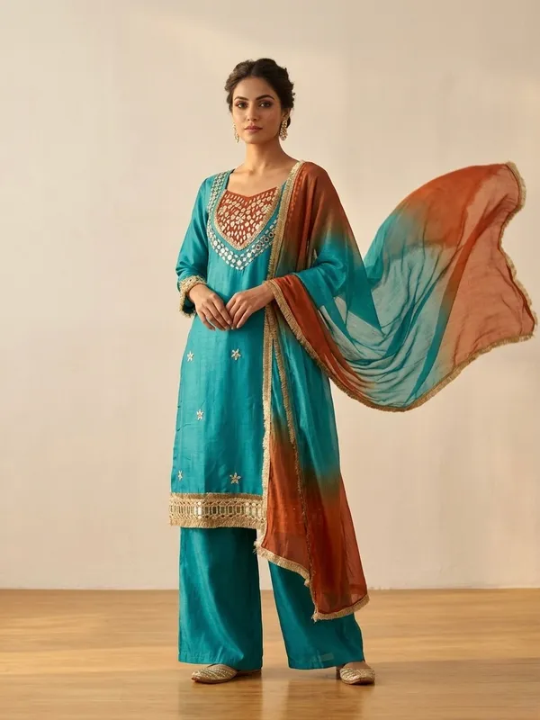 Teal_Roman_Silk_Mirror_Work_Kurta_Palazzo_Set_With_Dupatta_For_Women