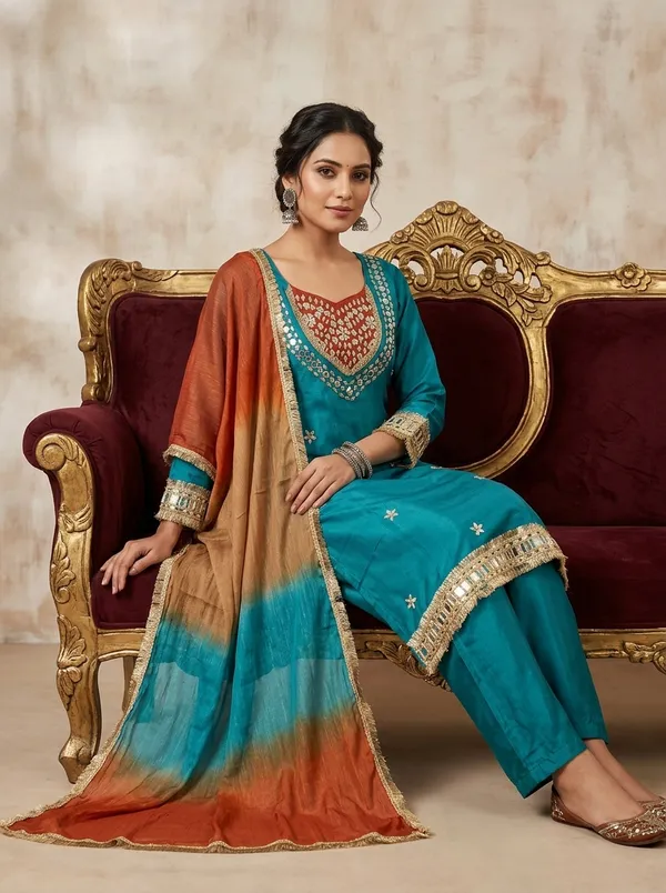 Teal_Roman_Silk_Mirror_Work_Kurta_Palazzo_Set_With_Dupatta_For_Women