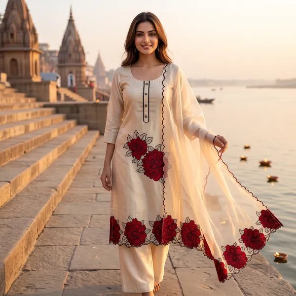 Cream_Cotton_Floral_Patch_Salwar_Suit_Set_With_Dupatta_For_Women