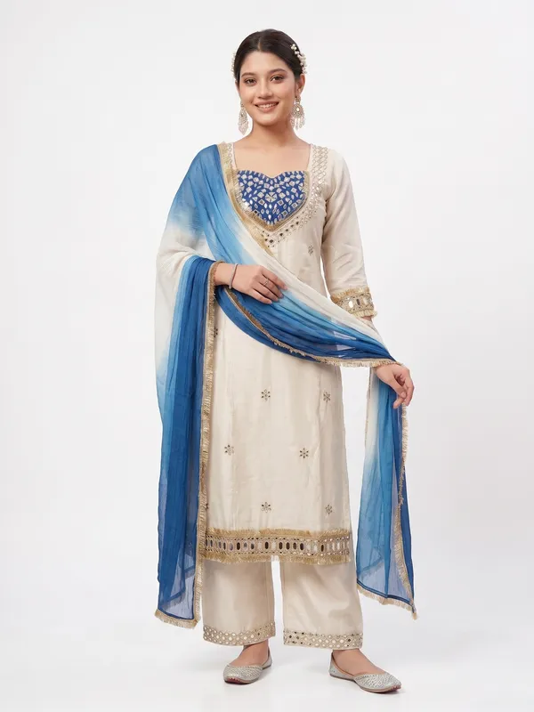 White_&_Blue_Glass_Roman_Silk_Mirror_Work_Kurta_Palazzo_Set_With_Dupatta_For_Women