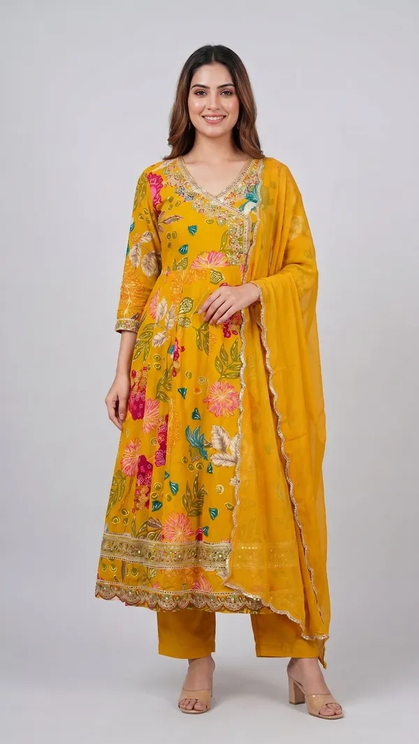 Yellow_70%_Cotton_30%_Polyester_Floral_Emroided_Anarkali_Kurta_Set_With_Dupatta_For_Women