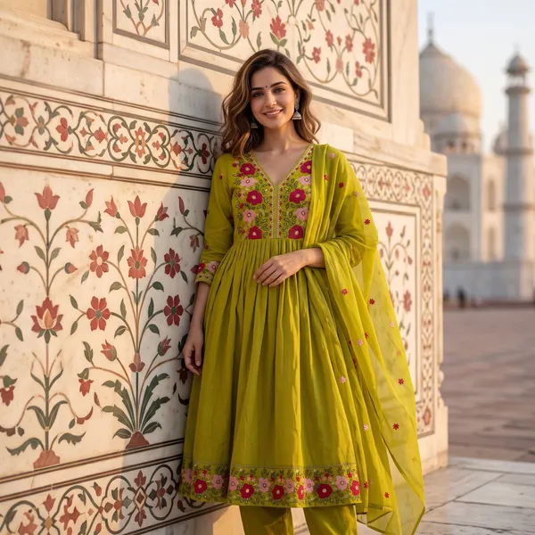 Mehandi_Cotton_Embroidered_Anarkali_Kurta_Set_With_Dupatta_For_Women