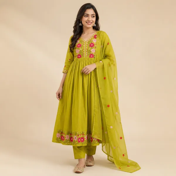Mehandi_Cotton_Embroidered_Anarkali_Kurta_Set_With_Dupatta_For_Women