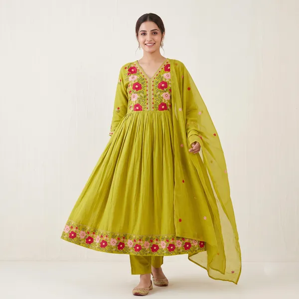 Mehandi_Cotton_Embroidered_Anarkali_Kurta_Set_With_Dupatta_For_Women