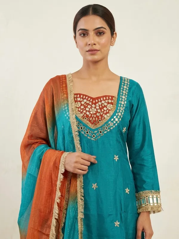 Teal_Roman_Silk_Mirror_Work_Kurta_Palazzo_Set_With_Dupatta_For_Women
