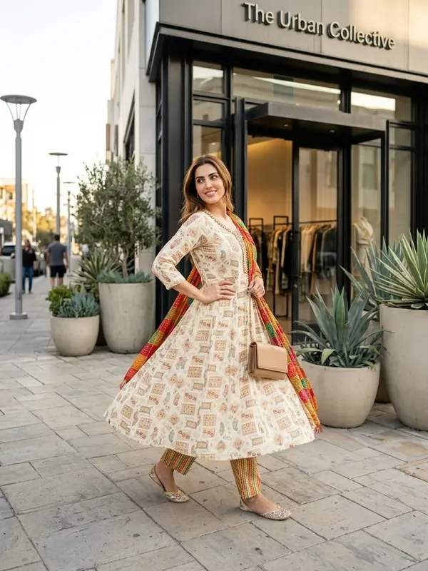 Cream_Cotton_Jaipuri_Print_Anarkali_Kurta_Set_With_Dupatta_For_Women
