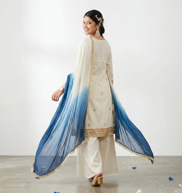 White_&_Blue_Glass_Roman_Silk_Mirror_Work_Kurta_Palazzo_Set_With_Dupatta_For_Women