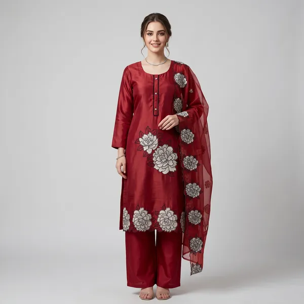 Red_Cotton_Floral_Patch_Salwar_Suit_Set_With_Dupatta_For_Women