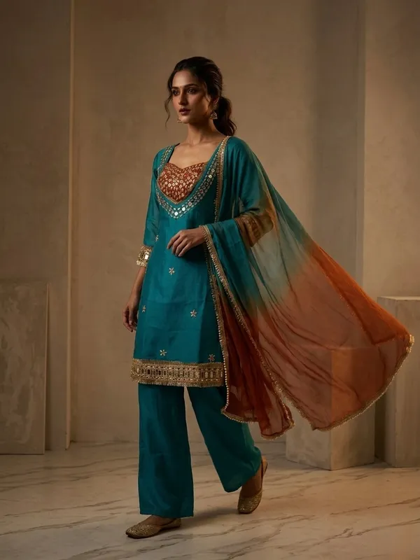 Teal_Roman_Silk_Mirror_Work_Kurta_Palazzo_Set_With_Dupatta_For_Women