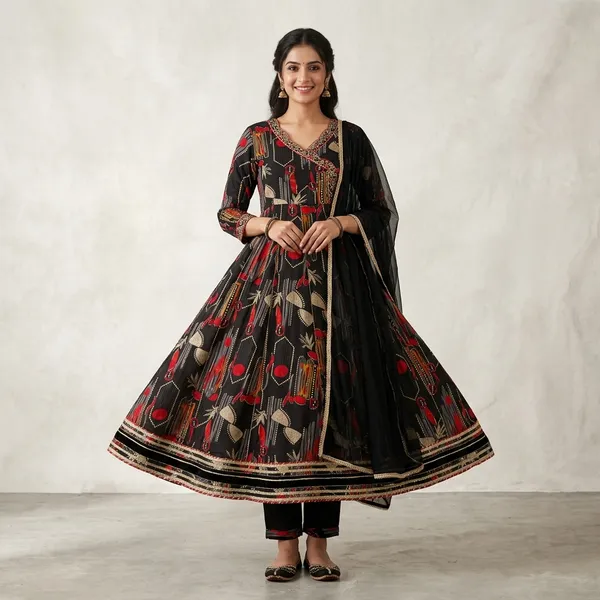 Black_And_Gold_Rayon_Printed_Anarkali_Kurta_Set_With_Dupatta_For_Women
