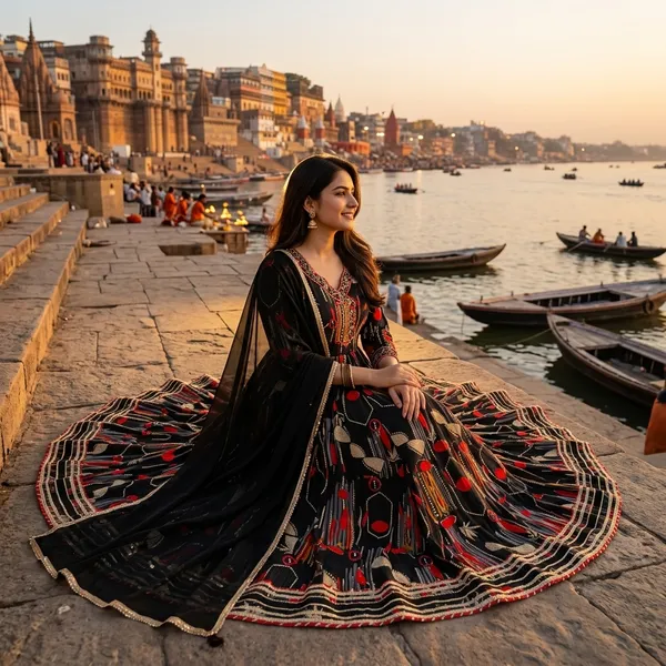 Black_And_Gold_Rayon_Printed_Anarkali_Kurta_Set_With_Dupatta_For_Women