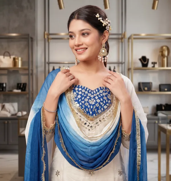 White_&_Blue_Glass_Roman_Silk_Mirror_Work_Kurta_Palazzo_Set_With_Dupatta_For_Women