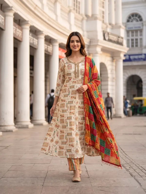 Cream_Cotton_Jaipuri_Print_Anarkali_Kurta_Set_With_Dupatta_For_Women