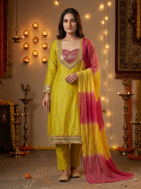 Lime_Green_Roman_Silk_Mirror_Work_Kurta_Palazzo_Set_With_Dupatta_For_Women