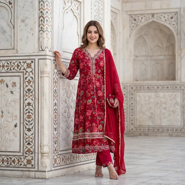 Red_Rayon_Printed_Anarkali_Kurta_Set_With_Dupatta_For_Women