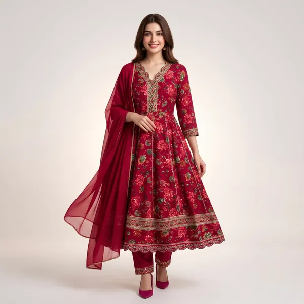 Red_Rayon_Printed_Anarkali_Kurta_Set_With_Dupatta_For_Women