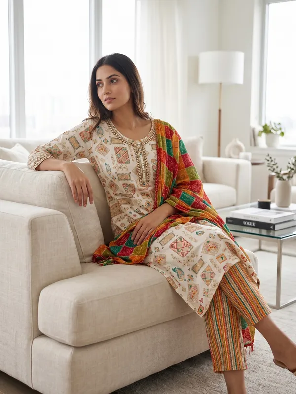 Cream_Cotton_Jaipuri_Print_Anarkali_Kurta_Set_With_Dupatta_For_Women
