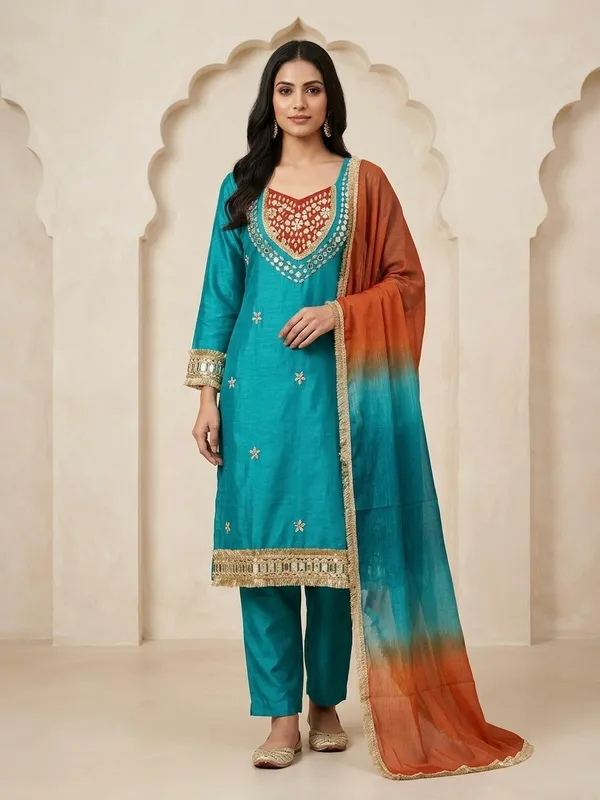 Teal_Roman_Silk_Mirror_Work_Kurta_Palazzo_Set_With_Dupatta_For_Women