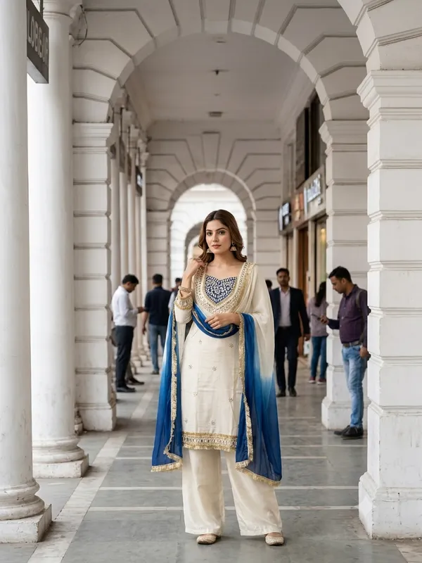 White_&_Blue_Glass_Roman_Silk_Mirror_Work_Kurta_Palazzo_Set_With_Dupatta_For_Women